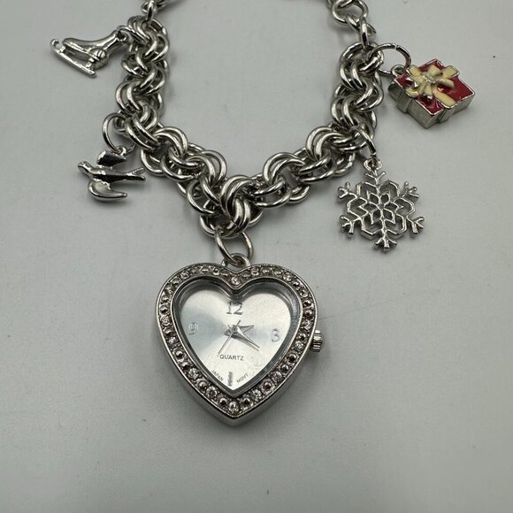 3/$30 Accutime Charm Bracelet Watch Silver Tone Winter Holiday Charms - Picture 1 of 9